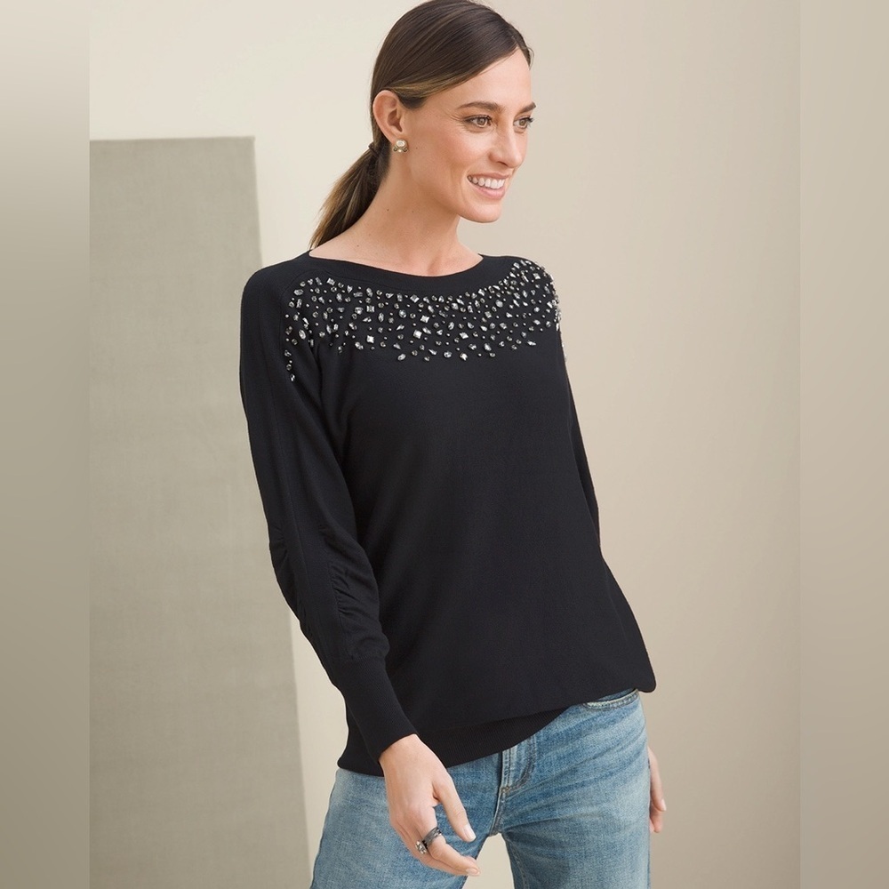 Chico’s Black Rhinestone Beaded Dolman Sleeve Cocktail Sweater 3 XL